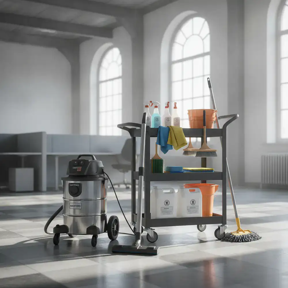 HEPA filtered vacuum and professional cleaning supplies
