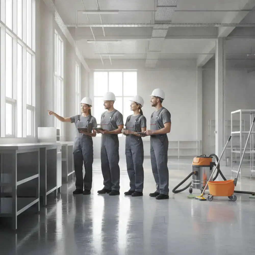Professional post-renovation cleaning crew reviewing a project