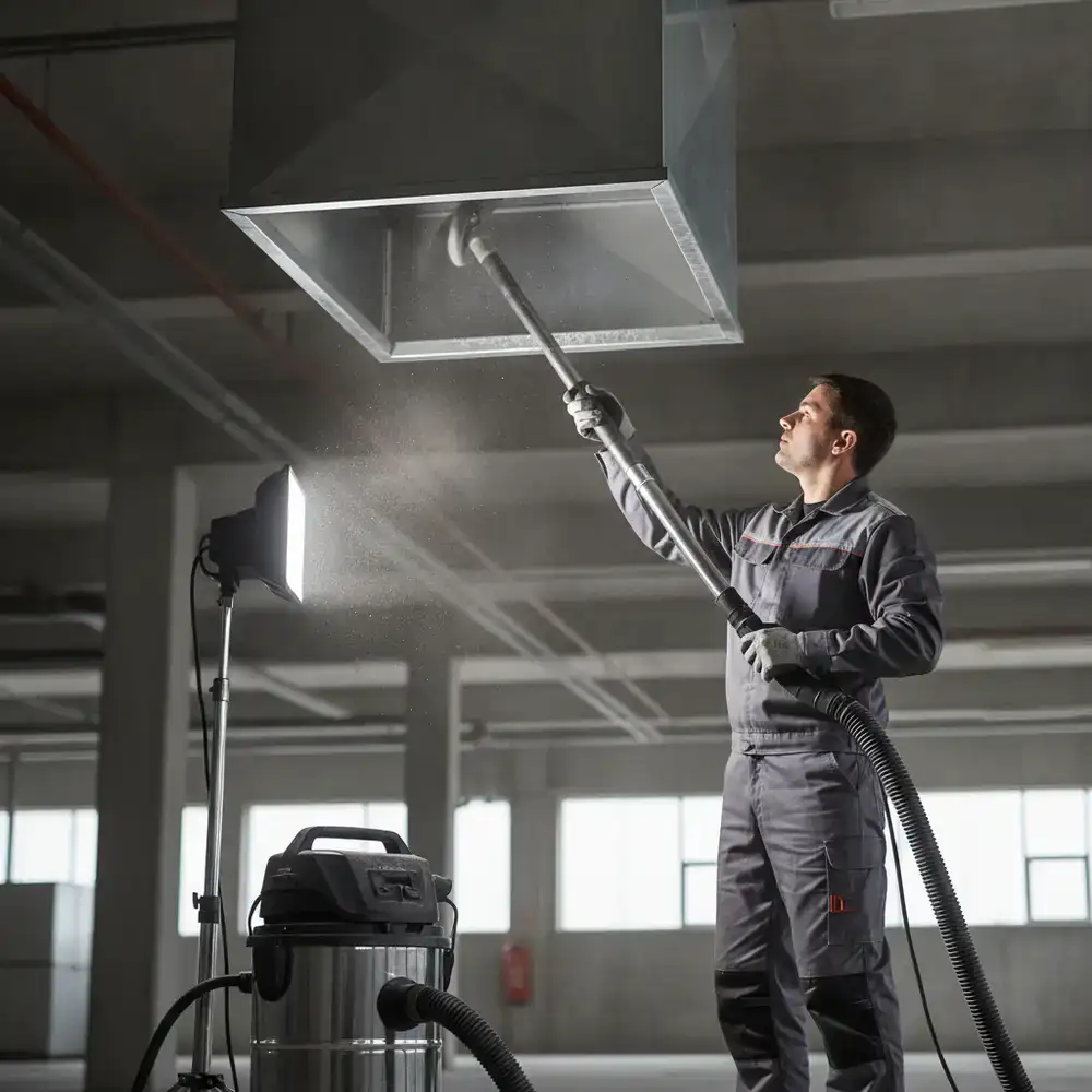 Technician cleaning an HVAC vent with HEPA vacuum