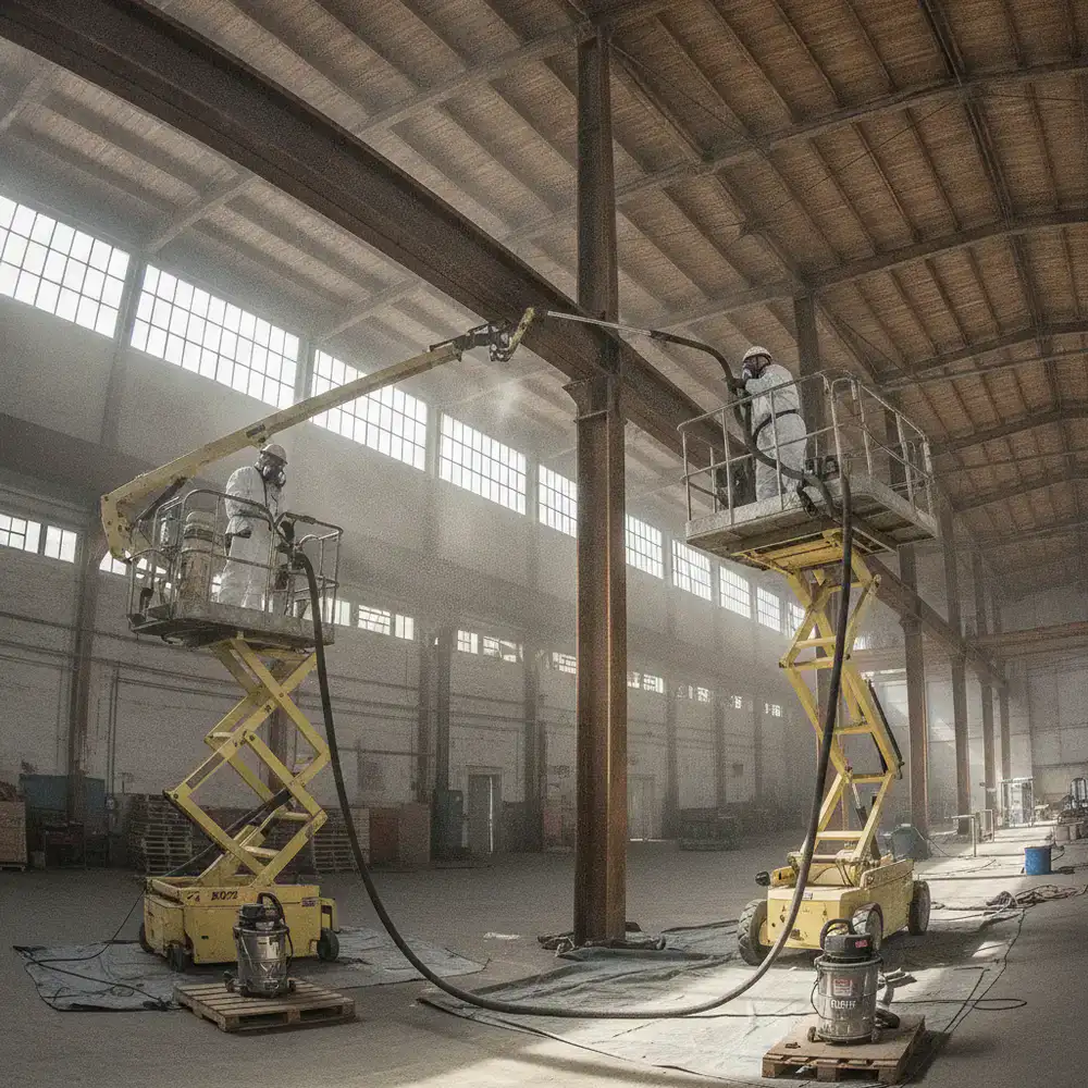 Industrial HEPA vacuuming of high architectural beams