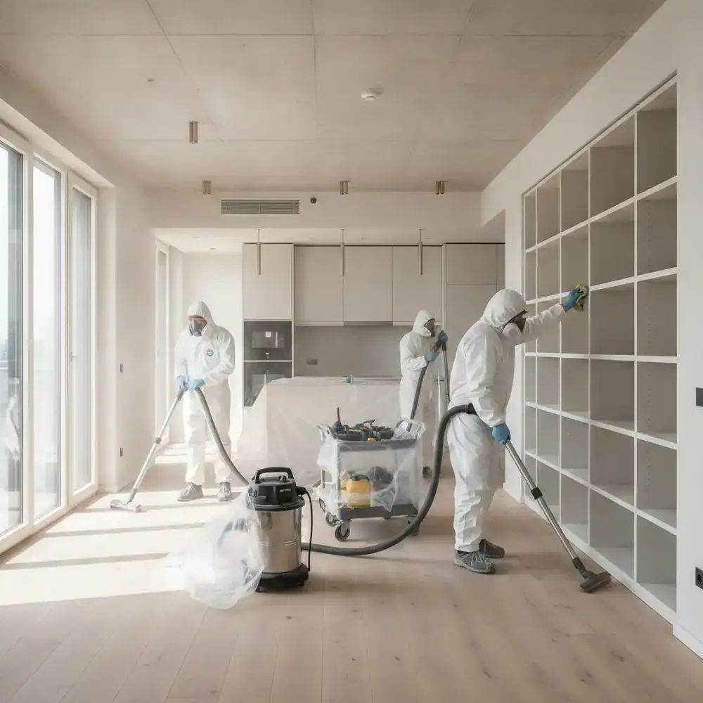 Professional cleaning team removing fine dust from a newly renovated residential space