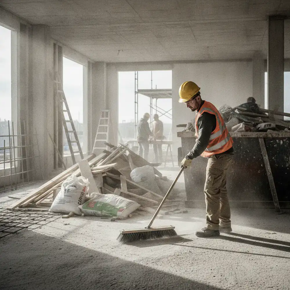 Contractor performing rough cleaning on an active construction site