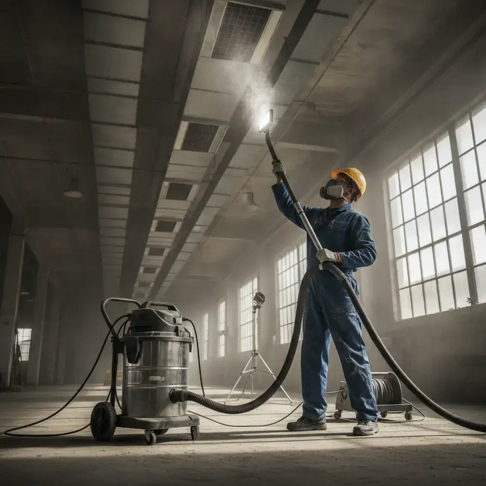 Worker using a HEPA vacuum to extract fine dust from air vents