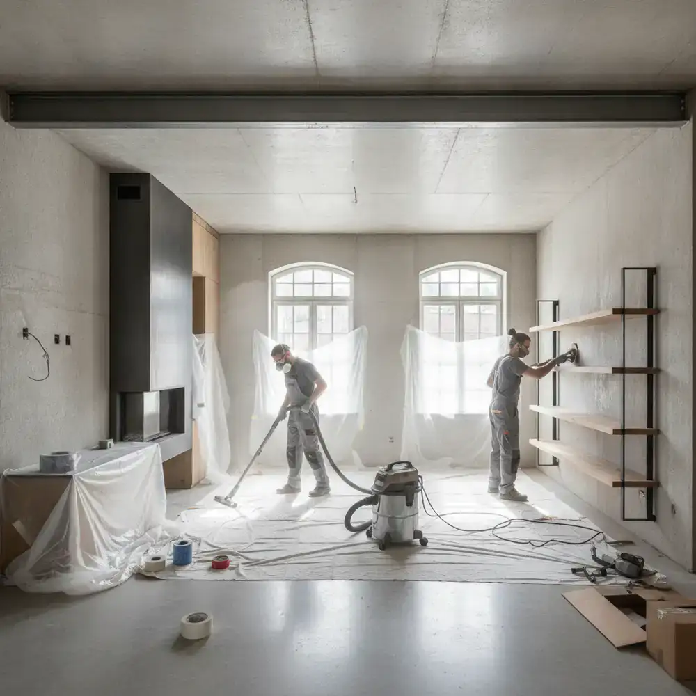 Living room being cleaned after a home renovation