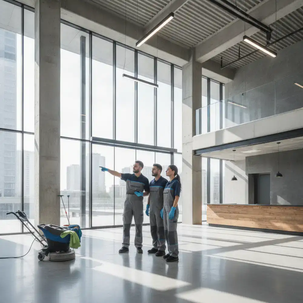 Cleaning crew inspecting a newly finished commercial lobby